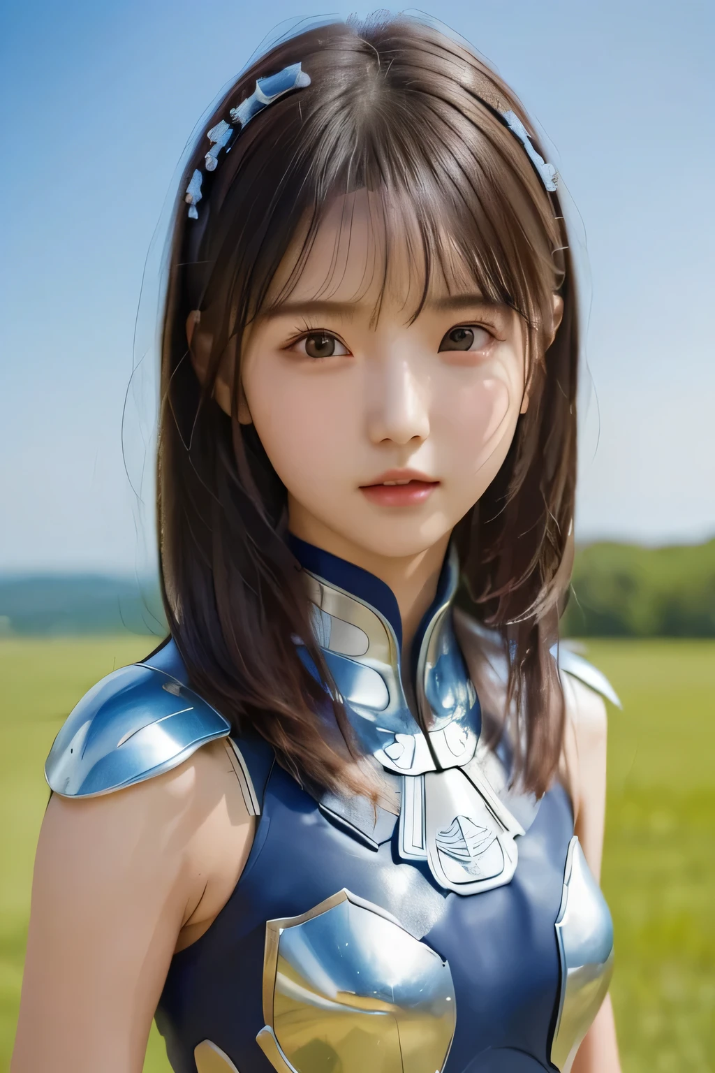 ( emphasis composition with foreground and background)、、(masterpiece、 top quality 、 Super detailed description、Super high resolution)、(Face Shot:1.3)、 girl 、solo、 slim、 slender、 cute、 idol face、、Blue sky background、machine armour