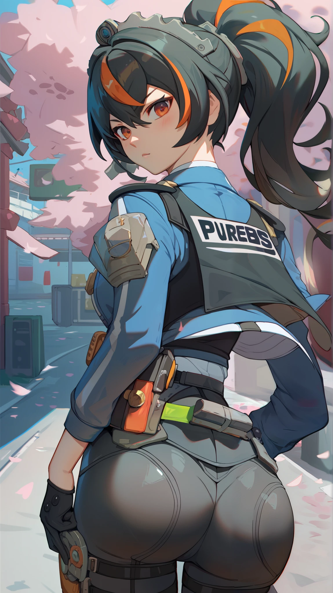 score_9, score_8_up, score_7_up, score_6_up, score_5_up, score_4_up, BREAK source_anime, 1girl, solo, outdoors, street, cherry blossoms, cowboy shot, standing, looking at viewer, zhu yuan, orange eyes, black hair, long hair, streaked hair, ponytail, metal hairband, police uniform, blue jacket, cropped jacket, long sleeves, black vest, two-tone vest, black gloves, green necktie, plaid necktie, black pants, high-waist pants, belt, thigh straps, knee pads, holster, tight pants, serious, blush, big ass, back