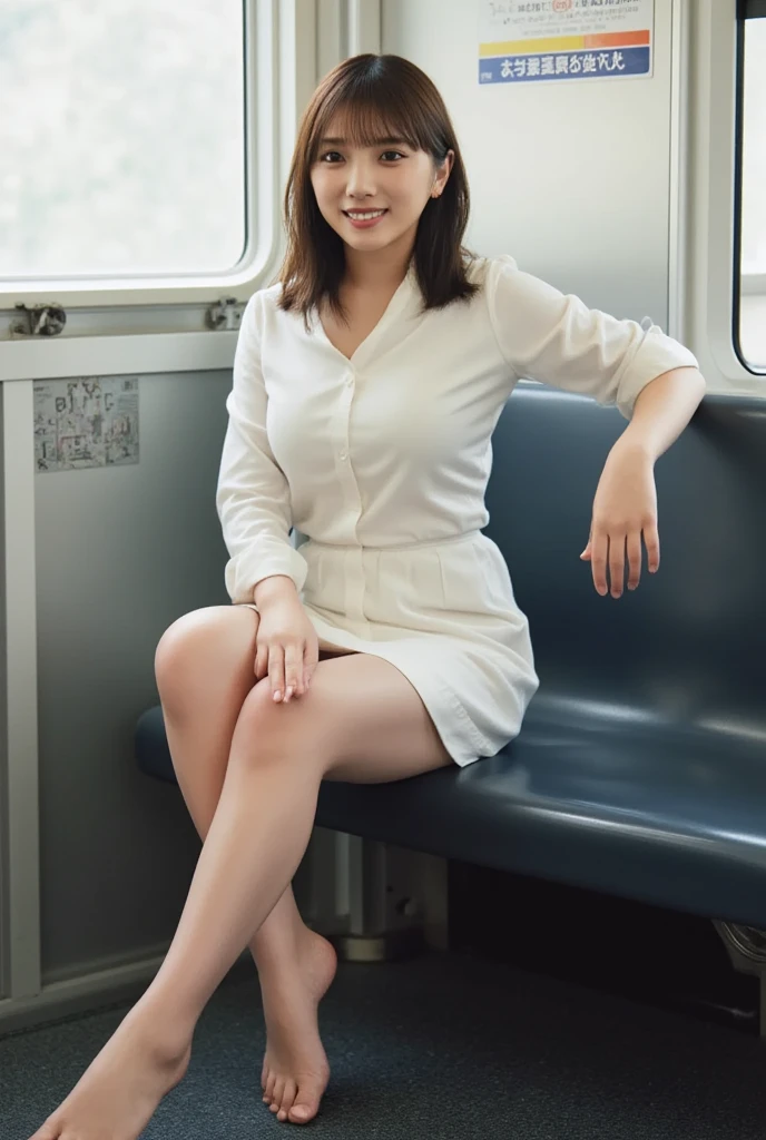 (masterpiece,  top quality , 8k,   RAW photos ,   beautifully、  beautiful:1.2),   detailed information,   indirect lighting,   realistic, whole body,   sitting on a train chair  、  white blouse、  tight skirt、((  shows off her white panties :1.8))、  stretch legs  、( super  realistic pantyhose)、stare at the audience 、smile、  happy  、  I have a smartphone、Peeking、 woman&#39; Training to break tiles  ,     a chair that can sit under a skirt,Super high resolution,8k,Bokeh,  Sharp Focus, Very elaborate face  ,  beautiful足,thin,(  Beautiful breasts),  super detailed eyes
