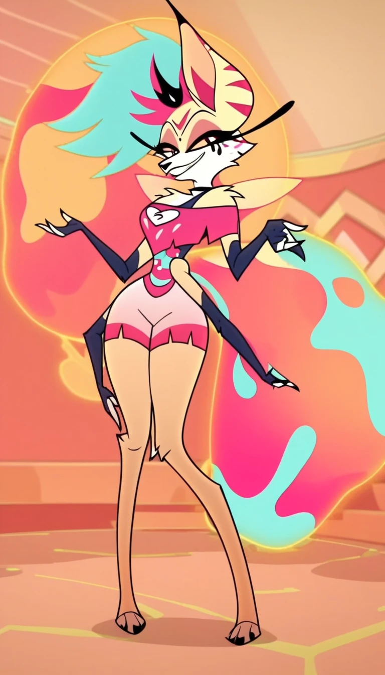 Queen bee, Helluva boss, standing, full body, :3, sassy face, anime style, medium breasts, detailed body fur, detailed body, detailed face, detailed eyes, glistering body, shiny body, skinny, high quality, masterpiece, paws whit three toes, skinny, sassy face, city, clear sky, Queen bee clothes, 4 arms, bee wings, sexy,