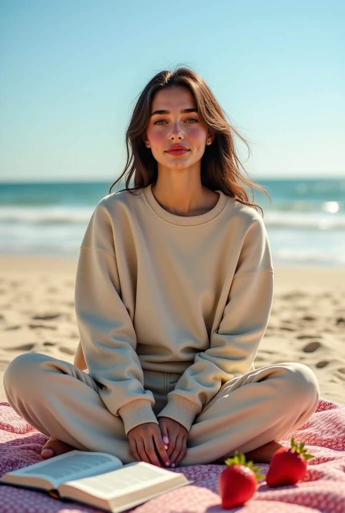 A 25-year-old, 150-pound Brazilian woman with long, dark straight hair and wearing a sweatshirt , in sweatpants lying on a beach chair on the beach with her man next to her , square background full body looking forward