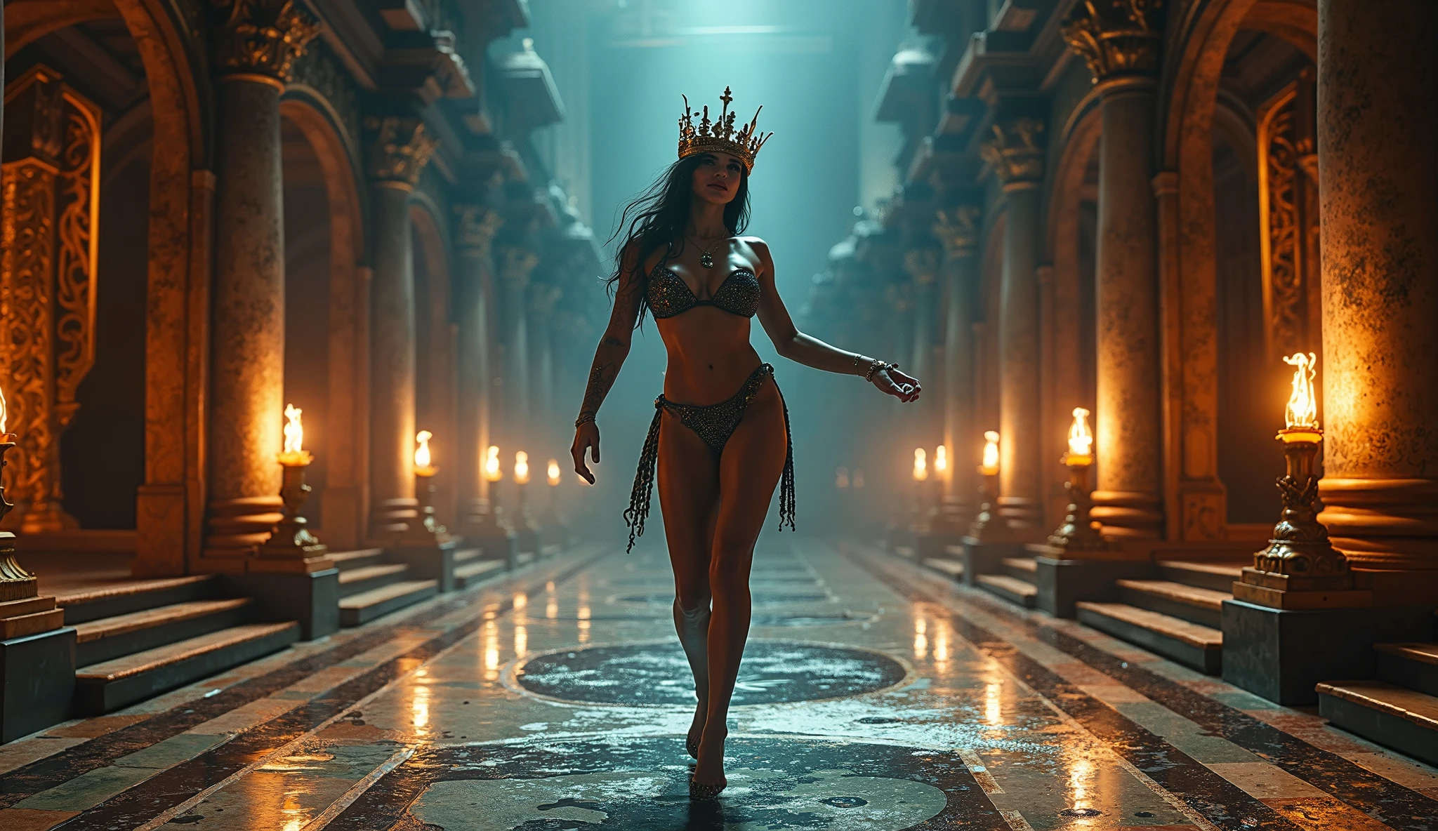 A creature of smoke, a face forms from the darkness, eyes of pure black, voodoo queen, seductive, full body arms at her side, very skinny and tall with large breasts, photorealism, beautiful supermodel, gothic, cinematic, dancing seductively arms raised looking up to the sky