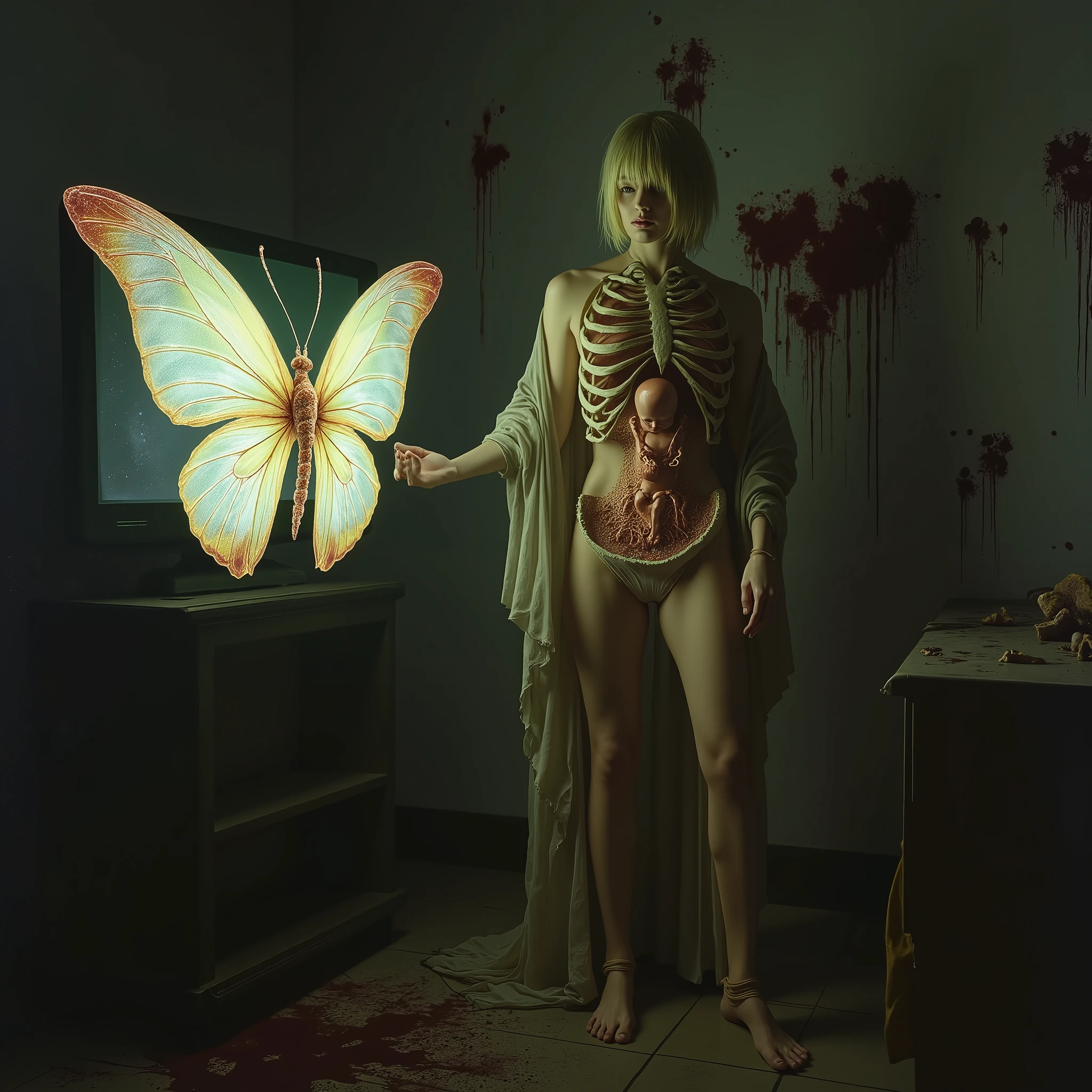 "(the best lighting,  high contrast , dark, dramatic),(Blonde woman next to a giant jelly butterfly, Open the rib cage, fetus, autopsy, human bones, blood on the walls), tv on . Light Caravaggio"