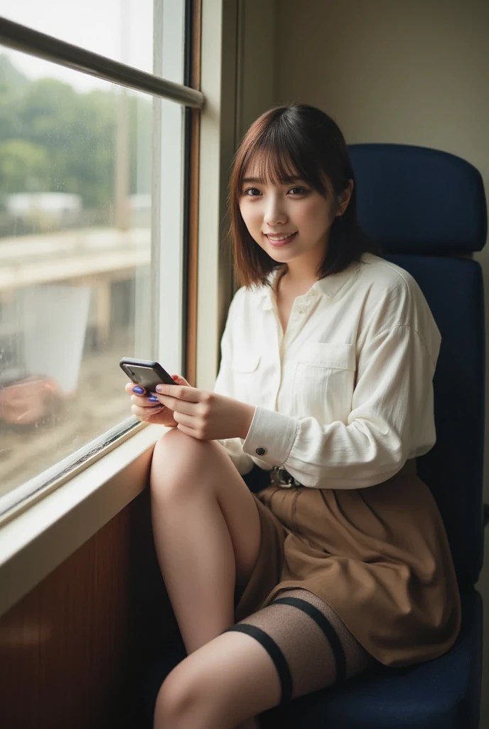 (masterpiece,  top quality , 8k,   RAW photos ,   beautifully、  beautiful:1.2),   detailed information,   indirect lighting,   realistic, whole body,   sitting on a train chair  、  white blouse、  miniskirt、((  showing me pink panties :1.8))、  stretch legs  、( super  realistic pantyhose)、stare at the audience 、smile、  happy  、  I have a smartphone、Peeking、 woman&#39; Training to break tiles  ,     a chair that can sit under a skirt,Super high resolution,8k,Bokeh,  Sharp Focus, Very elaborate face  ,  beautiful足,thin,(  Beautiful breasts),  super detailed eyes
