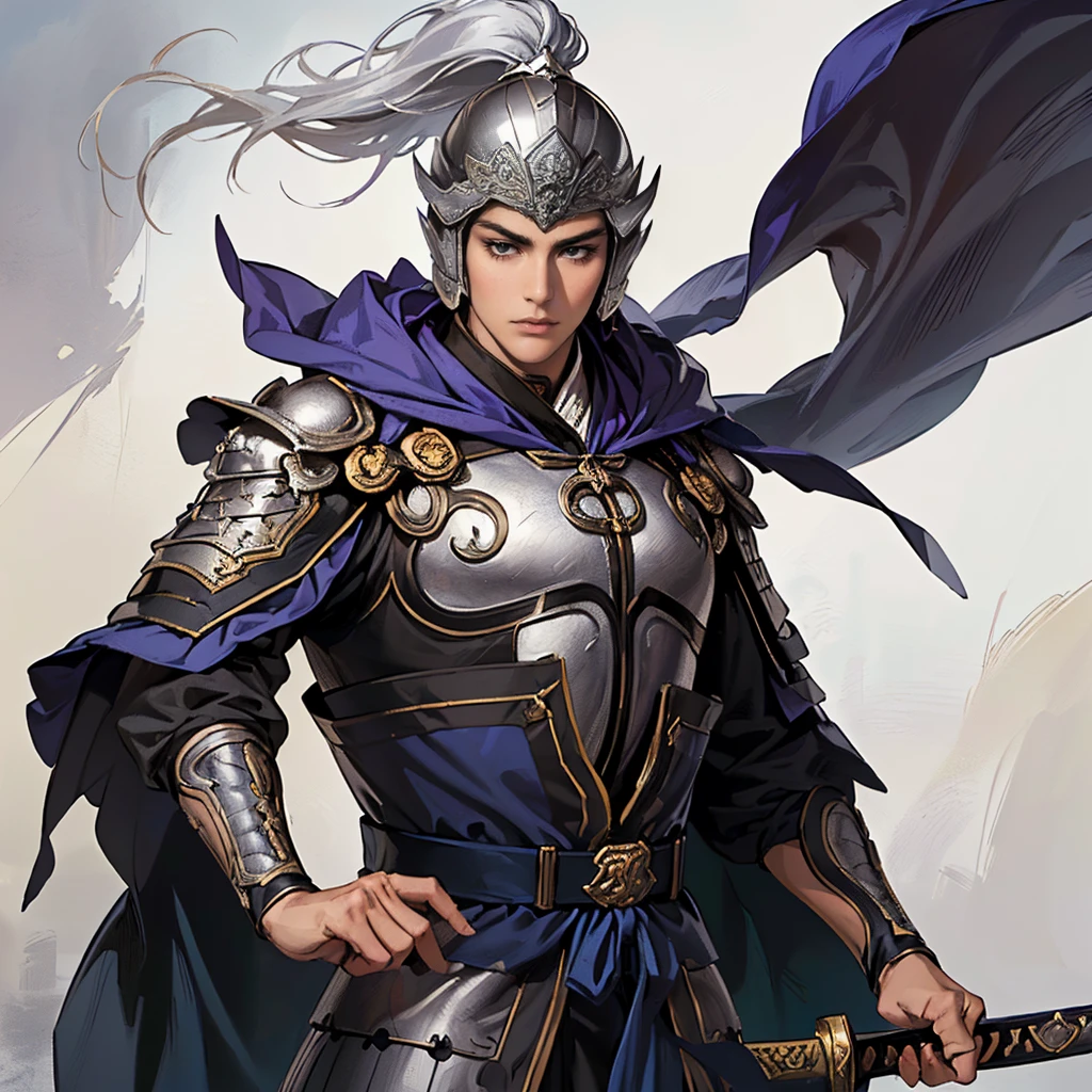 ( top quality ,4K,8k, high res,masterpiece:1.2),super detailed,(super fine illustration),((( A man in armor with a sword drawn in an anime-style illustration ))),20 years old,(handsome man:1.3, neutral face ),Heroes of the Three Kingdoms, Confident Expression ,((Long black hair and droopy bangs :1.3)), detailed eyes :1.2, perfect eyes,(( Attractive Dark Eyes )),( well-trained body, thin macho),cinematic lighting, soft shadows,((Silver armor with designs leading up to detailed works of art :1.3, Deeply wearing an ancient Chinese silver helmet drawn in detail :1.3,Large purple cloak drawn in detail :1.3,dynamic pause:1.3, holding an ancient Chinese sword drawn in detail :1.3)),(( cowboy shot:1.2)),(( white background:1.3,simple background:1.2)),(( standing:1.3, depicted so as not to be visible from the tip of her head to above her knee :1.3))