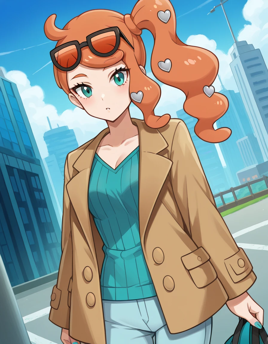 score_9, score_8_up, score_7_up, source_anime,
pokemonsonia, pokemonsonia, aqua eyes, heart, heart hair ornament, long hair, long sleeves, orange hair, side ponytail, swept bangs,
aqua footwear, aqua nails, aqua shirt, brown coat, brown jacket, coat, collarbone, eyewear on head, jacket, long sleeves, orange-tinted eyewear, pants, ribbed shirt, shirt, sunglasses, tinted eyewear,
outdoors, cityscape,
looking at viewer, cowboy shot, dutch angle,