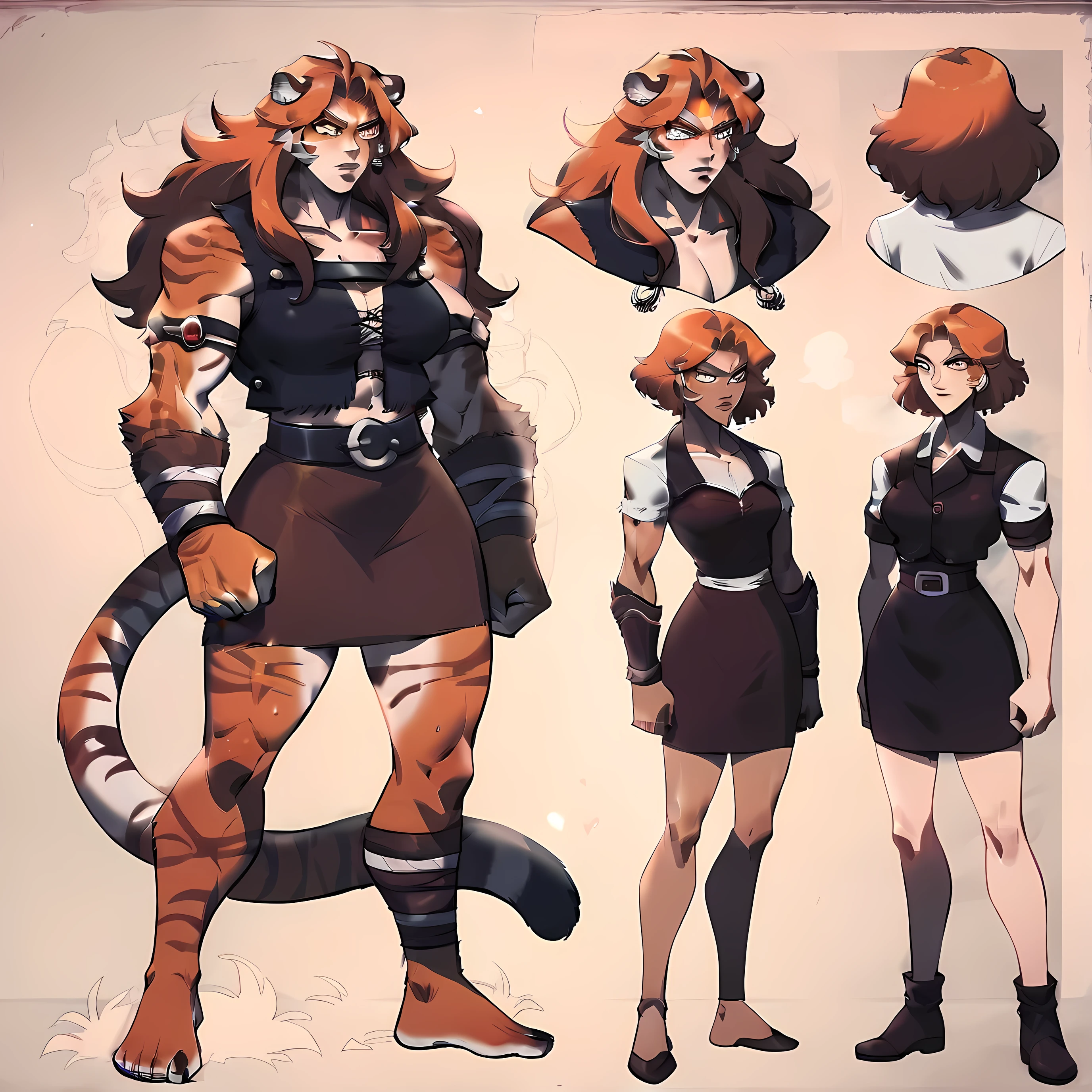 tiger girl,cool girl, orange hair ,tonto,  arms crossed, ((female barbarian, barbarian_Women, leather vest, fabric skirt)) ,  Full Body Character Sheet, 