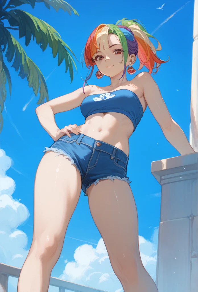 <lora:SeasideSukeban_v15:1> seasidesukeban, seasidesukebanbikini, tanlines, sunglasses, eyewear on head,  smile, sharp teeth, open mouth, halo, , micro shorts, denim shorts,  , standing at the beach, RAW photo, DSLR, photo-realistic, photorealistic