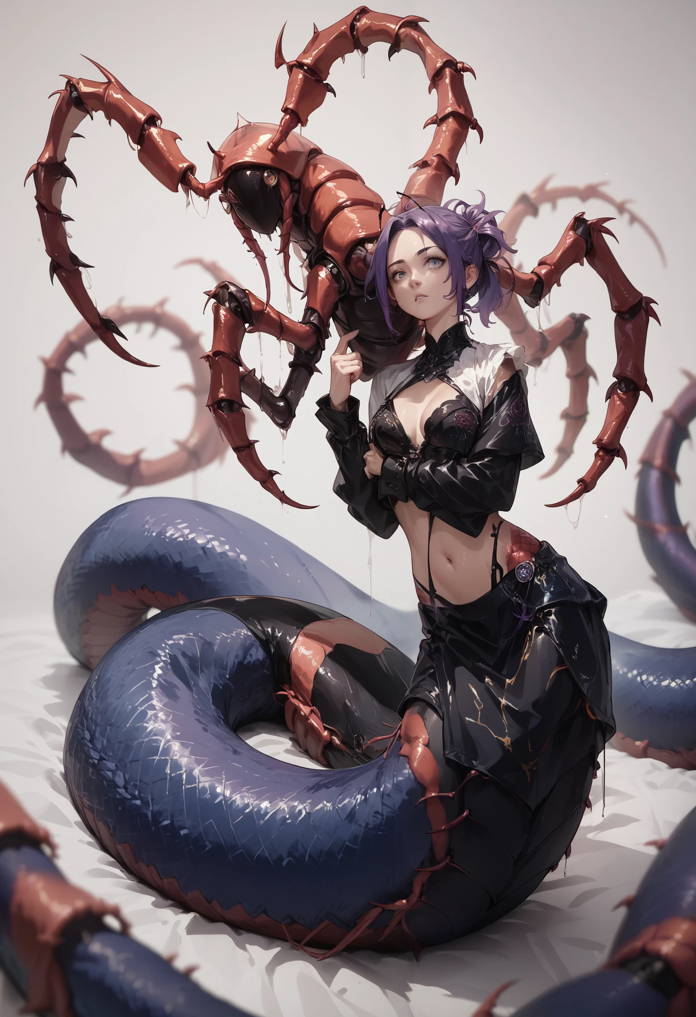 Centipede girl. Lamia style. image color black. Black body and blue leg Centipede. Antennae. Short ponytail. Purple hair. Forehead.