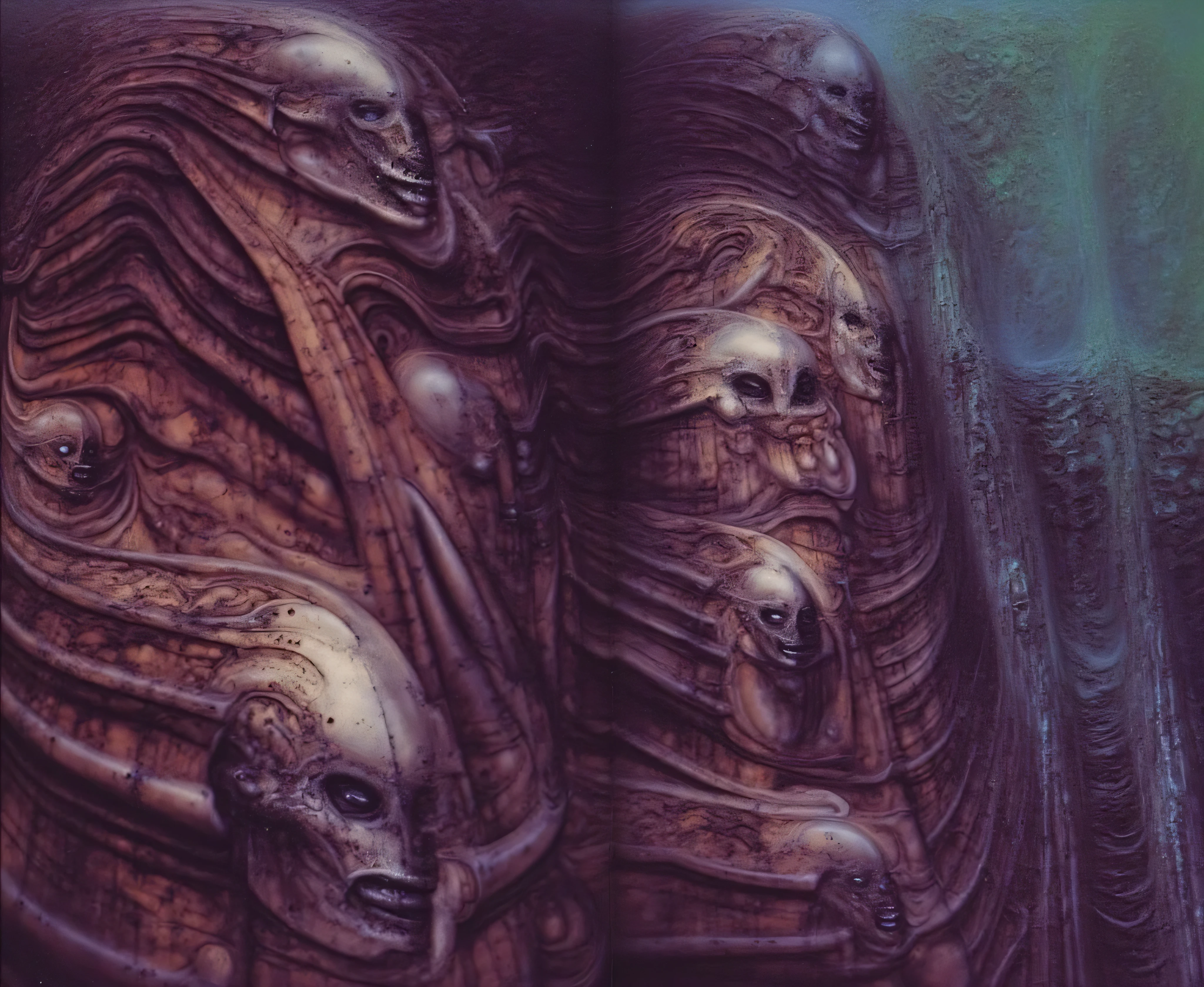 giger, biomechanic, surreal, lovecraftian, spaceship interior corridor, The atmosphere is a fusion of Matrix and H.R. Giger dark horror wide angle, for extreme TECHNO HARDCORE video clip