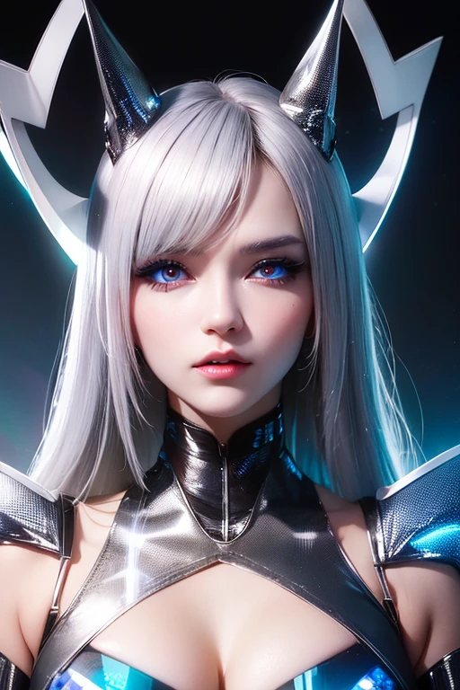 A anime girl in a futuristic cat outfit with electric eyes and a neon ring around her head, in the style of light silver and light azure, realistic oil paintings, mecha anime, dark white and white, hd mod, wavy, blink - and - you - miss - it detail, 8k, —q 3 —air 2:3 --auto