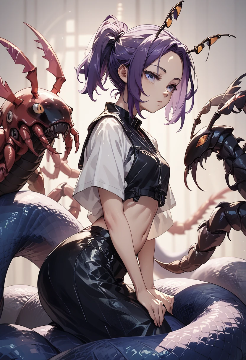 Centipede girl. Lamia style. image color black. Black body and blue leg Centipede. Antennae. Short ponytail. Purple hair. Forehead.
