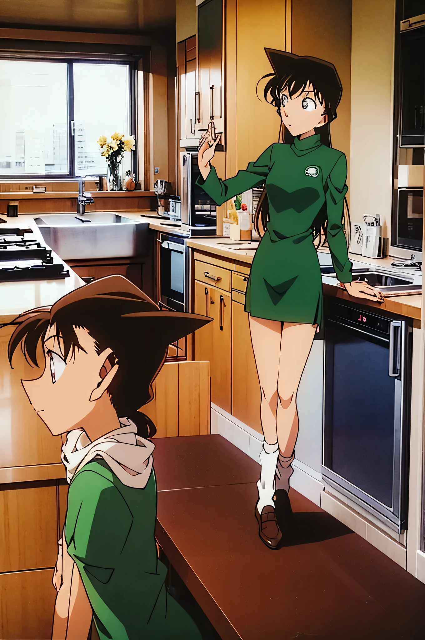 One girl 、{{{ Mouri ran}}},{{{ Detective Conan}}},{{{ long hair}}},{{{ official style}}},{{{adult}}},Green Dress, one-piece dress , turtleneck, green mini skirt ,{ light green cropped jacket },Green socks,Brown leather loafers,sink,kitchen,Side view