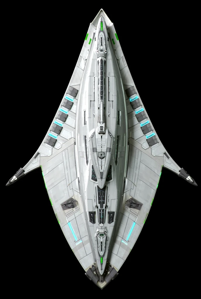 Trimeran spacecraft with outrigger nacelles and centrally located aft ion drives. Central structure is flanked by outrigger nacelles that holds the warp coils at the ship's rear third of the hull. At the rear of the ship are an array of ion drives, one large central one flanked all around by four smaller ones. The central structure is elongated spade shape but with a rounded peak at the bow. Set back from the sides of the central structure rise additional levels, including the bridge at the top. The hull is studded with phaser and plasma hardpoints while missile ports line the front edge of the ship. The hull is made from a molecularly dense alloy that provides moderate resistance to micrometeoroids. The ship is white with blue and green bands of light running the length of the hull and nacelles. 