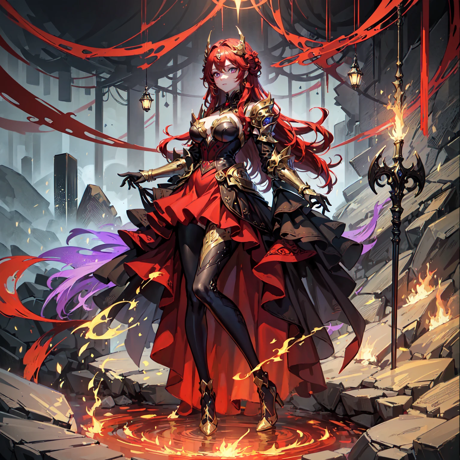 full body illustration of a female lava monster, made out of lava and black rocks, gorgeous woman, sitting on a rock, detailed gala dress, fire design in dress, saturated red colors, sensual pose