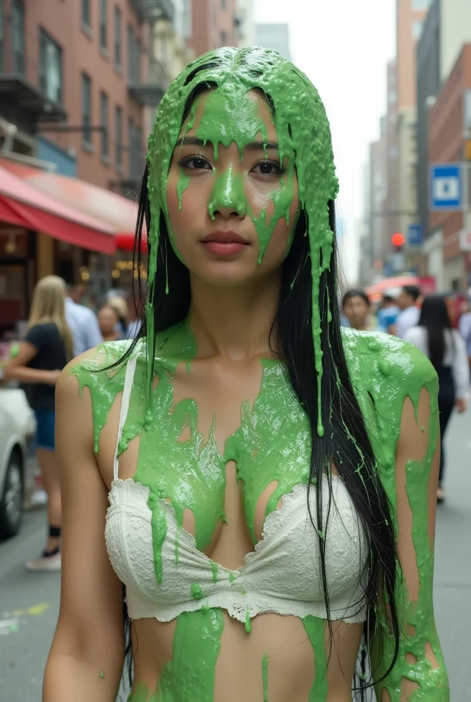 DSLR photograph. Beautiful Asian girl covered in green slime. 18 year old. Korean girl. Photorealistic. Nasty slime. Raw photo. New York City. Green Slime. Wearing white lace push-up bra. Black hair. (Asian: 1.1). Beautiful Asian face. Black eyeliner. Long eyelashes. Dripping green goo.