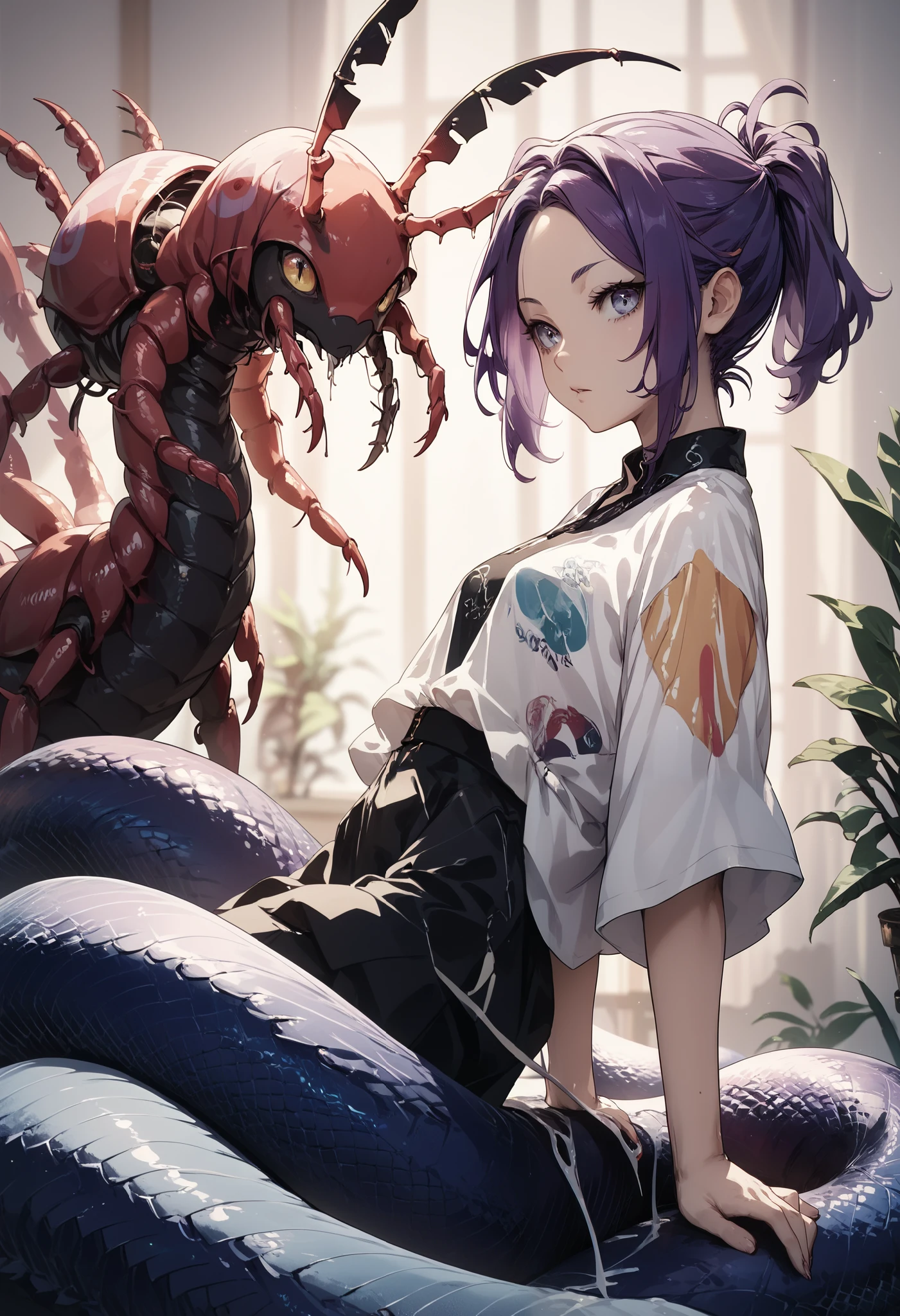 Centipede girl. Lamia style. image color black. Black body and blue leg Centipede. Antennae. Short ponytail. Purple hair. Forehead.