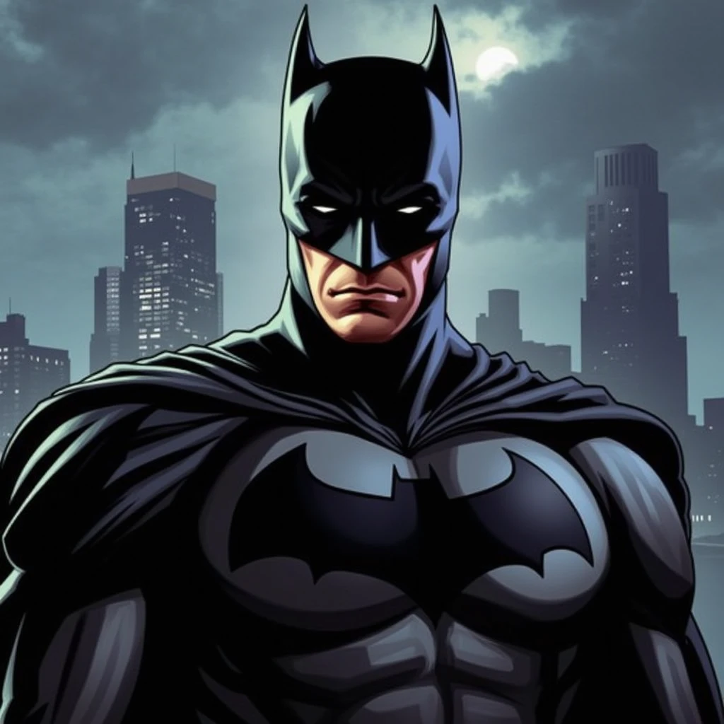 gtayuvai style ,  Close-up Batman ,  stands epically against Gotham's background, gloomy