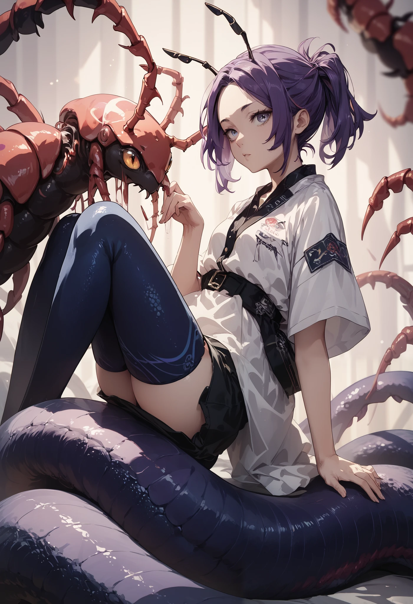 Centipede girl. Lamia style. image color black. Black body and blue leg Centipede. Antennae. Short ponytail. Purple hair. Forehead.