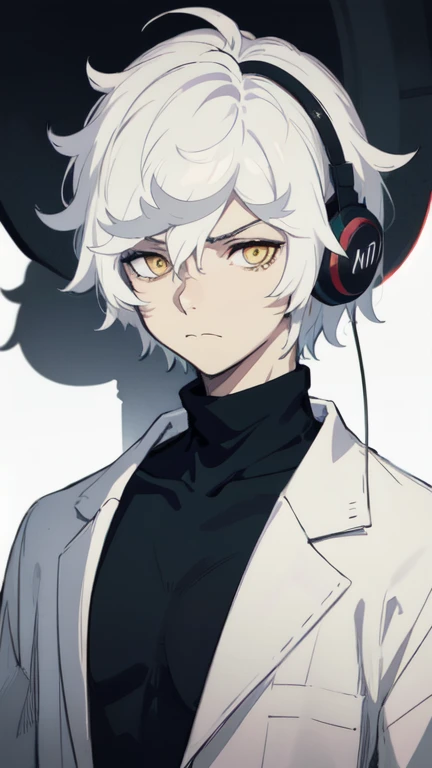 White-haired boy ,  yellow eyes , apathetic face , Black turtleneck.  Using headphones music