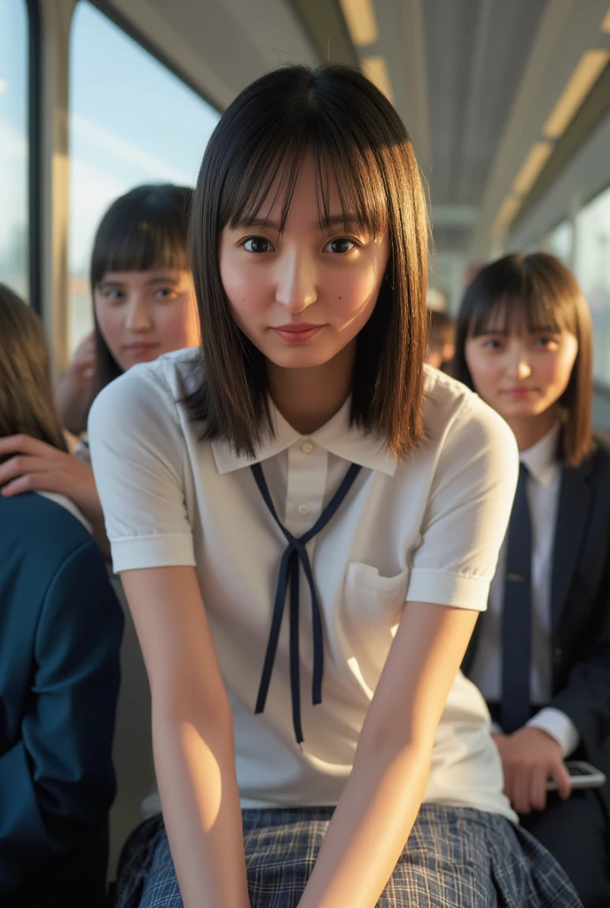 (masterpiece,  top quality , 8k,   RAW photos ,   beautifully、  beautiful:1.2),   detailed information,   indirect lighting,   realistic, whole body,   sitting on a train chair  、  high school uniform 、  miniskirt、((  white panties:1.8))、( super  realistic pantyhose)、stare at the audience 、smile、  happy  、  I have a smartphone、Peeking、 woman&#39; Training to break tiles  ,     a chair that can sit under a skirt,Super high resolution,8k,Bokeh,  Sharp Focus, Very elaborate face  ,  beautiful足,thin,(  Beautiful breasts),  super detailed eyes
