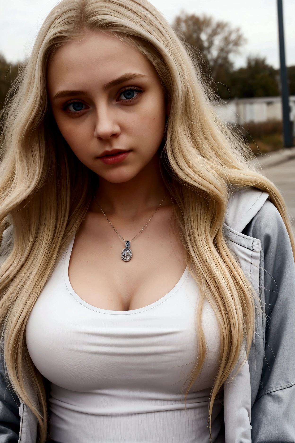 1 girl, medium breasts , blonde hair, long hair, Wave hair , gray and big eyes, outdoors, white jacket , necklace, tank top , Jeans, hyperrealistic , (Real Human Skin)