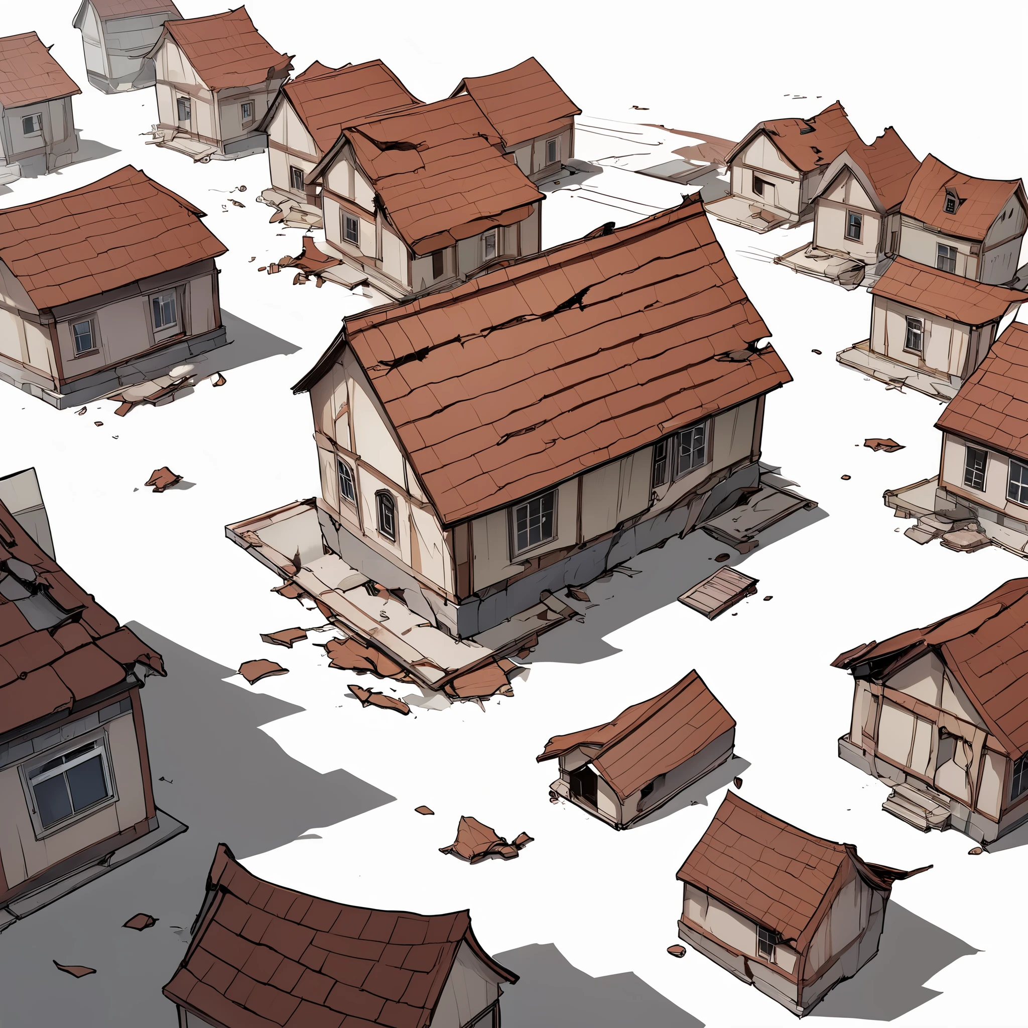 attack on titan style, white background, house, shingleroof top angle, damages, no person