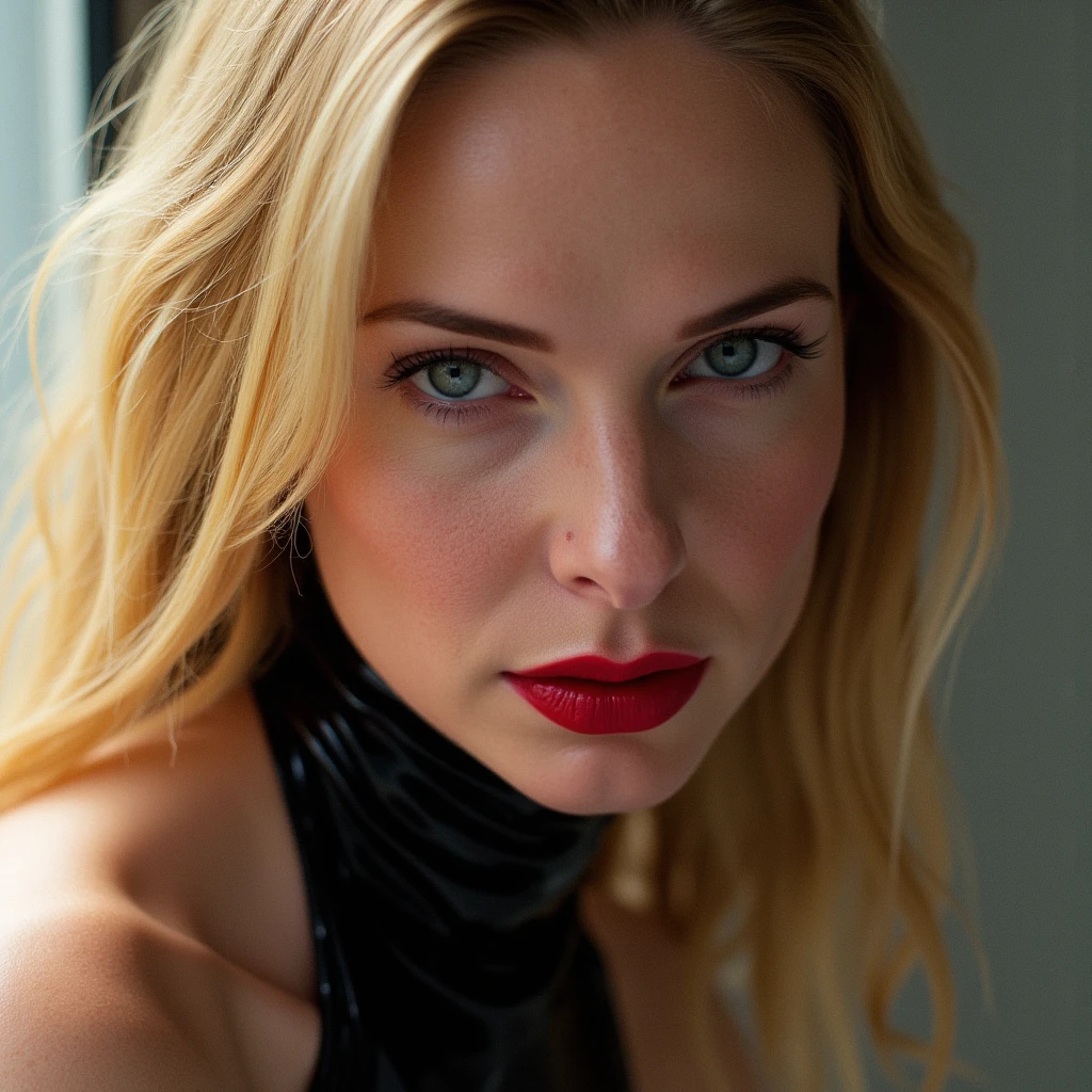 A beautiful, skinny girl with blonde hair, close-up portrait of her pretty face, captivating red lip gloss, dramatic eyeliner flicks, wearing a sexy latex neck-entry catsuit, (best quality, 4k, 8k, highres, masterpiece:1.2), ultra-detailed, (realistic, photorealistic, photo-realistic:1.37), HDR, UHD, studio lighting, ultra-fine painting, sharp focus, physically-based rendering, extreme detail description, professional, vivid colors, bokeh, portrait