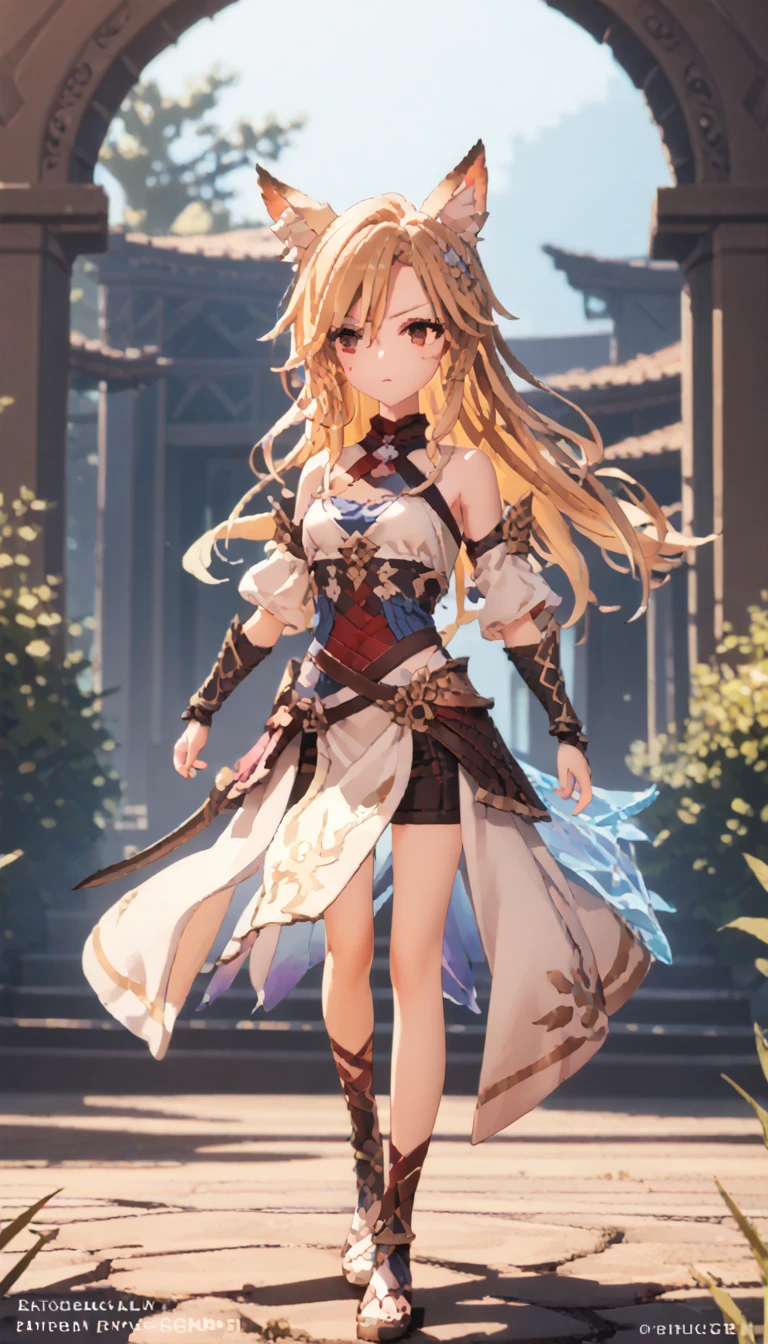 , rpg,   bare shoulders are visible,  1 girl fights,   long hair, 4K,    Duration ,  fantasy, game character, game, 3d,  blond hair , brown hair, fox ears, standing