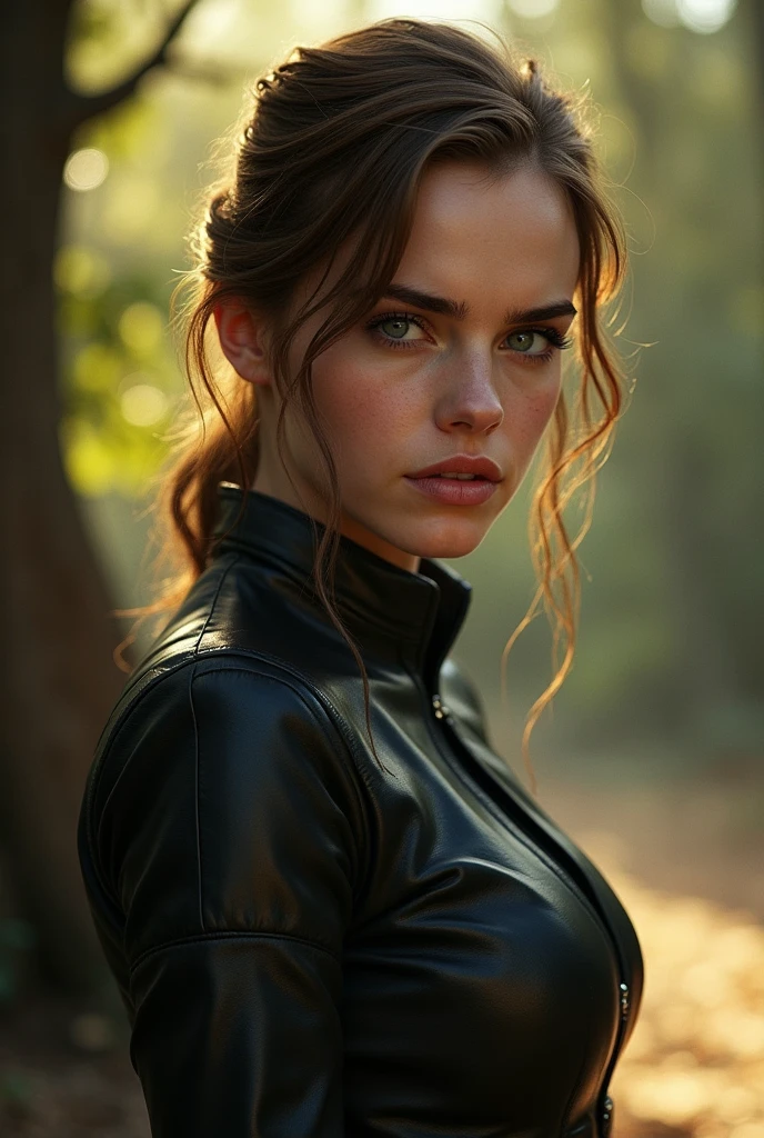 Photograph of a beautiful girl, dans la ville, porter un haut noir, jouissant, fille, 夏天, Fille chaude, (((very heavy bust))), cheveux bruns, long_cheveux, Look into the camera, symmetrical face, photoreallistic, photographie, Spectacular lighting,, magnifique, clivage, occidental, (Masterpice), Best quality, High resolution, Extremely detailed, peau avec pores, blurred background, profondeur de champ, lighting cinematic