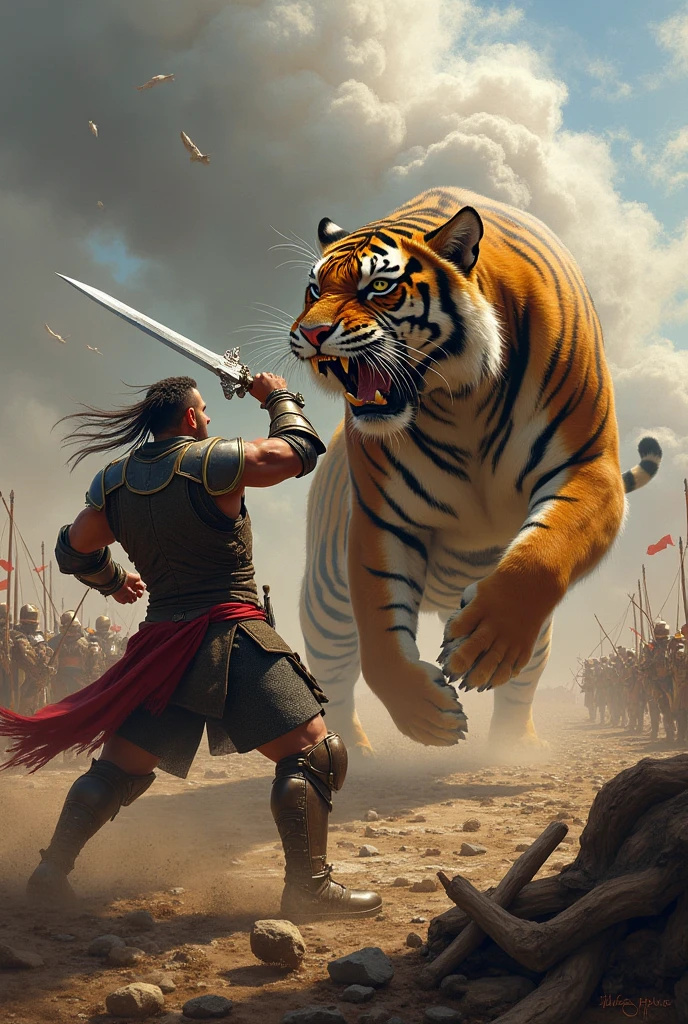 超A high resolution、An ultra-high picture quality、8K、Detailed details、marvelous expression、1 person woman、The big tiger monster is your sidekick、Monster Hunter Character Costumes、Have a big weapon、Vast desert background、