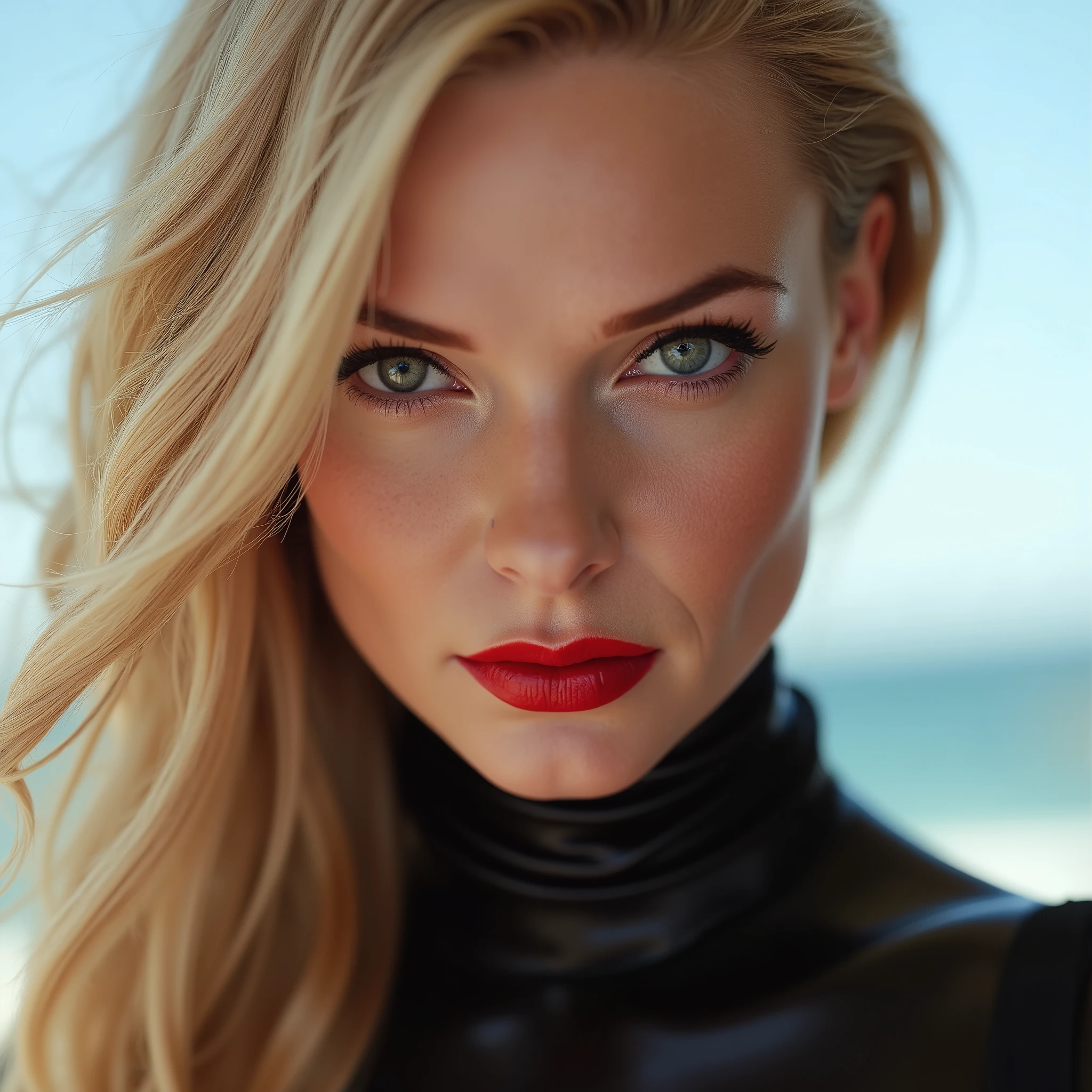 A beautiful, skinny girl with blonde hair, close-up portrait of her pretty face, captivating red lip gloss, dramatic eyeliner flicks, wearing a sexy latex neck-entry catsuit, (best quality, 4k, 8k, highres, masterpiece:1.2), ultra-detailed, (realistic, photorealistic, photo-realistic:1.37), HDR, UHD, studio lighting, ultra-fine painting, sharp focus, physically-based rendering, extreme detail description, professional, vivid colors, bokeh, portrait