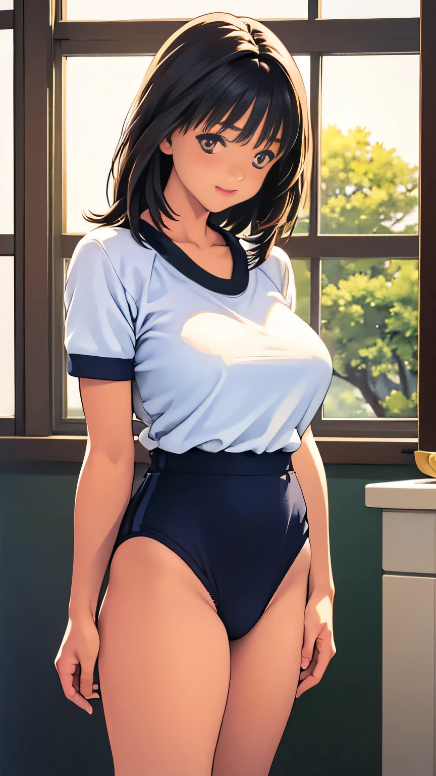 Two high school students、 realisticistic beautiful female student、18 years old、 amazingly beautiful 、smile、 beautiful body 、( top quality 、8k、32K、masterpiece、:1.3)、Super high resolution,( realistic:1.4), RAW photo, detailed face ,, beautiful hair,, , very short hair 、 very short hair 、 amazingly beautiful double eyelids、 natural cosmetics,, big perfect breasts, wet hair、 detailed background, perfect lighting, written border depth, Beautiful Shadow Gradation 、 thin limbs、 thin thighs 、(whole body)、(Bloomers, Bloomersー(Old Japanese gym attire))、Beautiful slim perfect body、Beautiful tall nose、Side View、 middle of chest、Wet with sweat、( Yoshizuki Iori)、 bathroom、blush、 high socks、Masturbating scene 、I'm lifting Bloomers and cutting them into my crotch、 pleasant face
