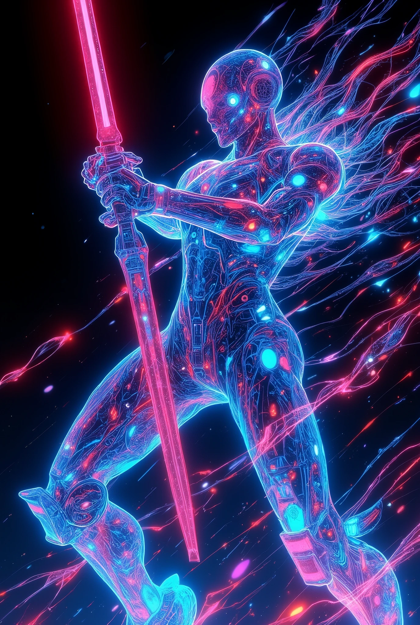 glow line art, (from below, Duch angle, dynamic), ((a robot, solo, holding a sword, gladiator, Geometric design), strain at tou, (attacking with sword:1.3, high-speed action real refraction), high-detail machine), attack motion, targeting to you, (analog, retro, antique, clockpunk, vivid color, cyberpunk, Transparent, full body shot), moving effect, Granting of transparent processing, holographic material rendering,
