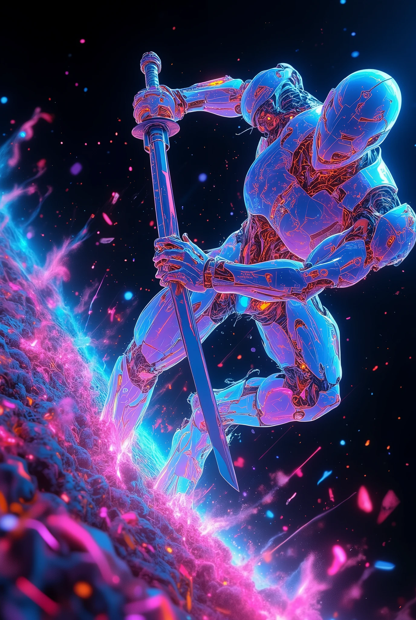 glow line art, (from below, Duch angle, dynamic), ((a robot, solo, holding a sword, gladiator, Geometric design), strain at tou, (attacking with sword:1.3, high-speed action real refraction), high-detail machine), attack motion, targeting to you, (analog, retro, antique, clockpunk, vivid color, cyberpunk, Transparent, full body shot), moving effect, Granting of transparent processing, holographic material rendering,