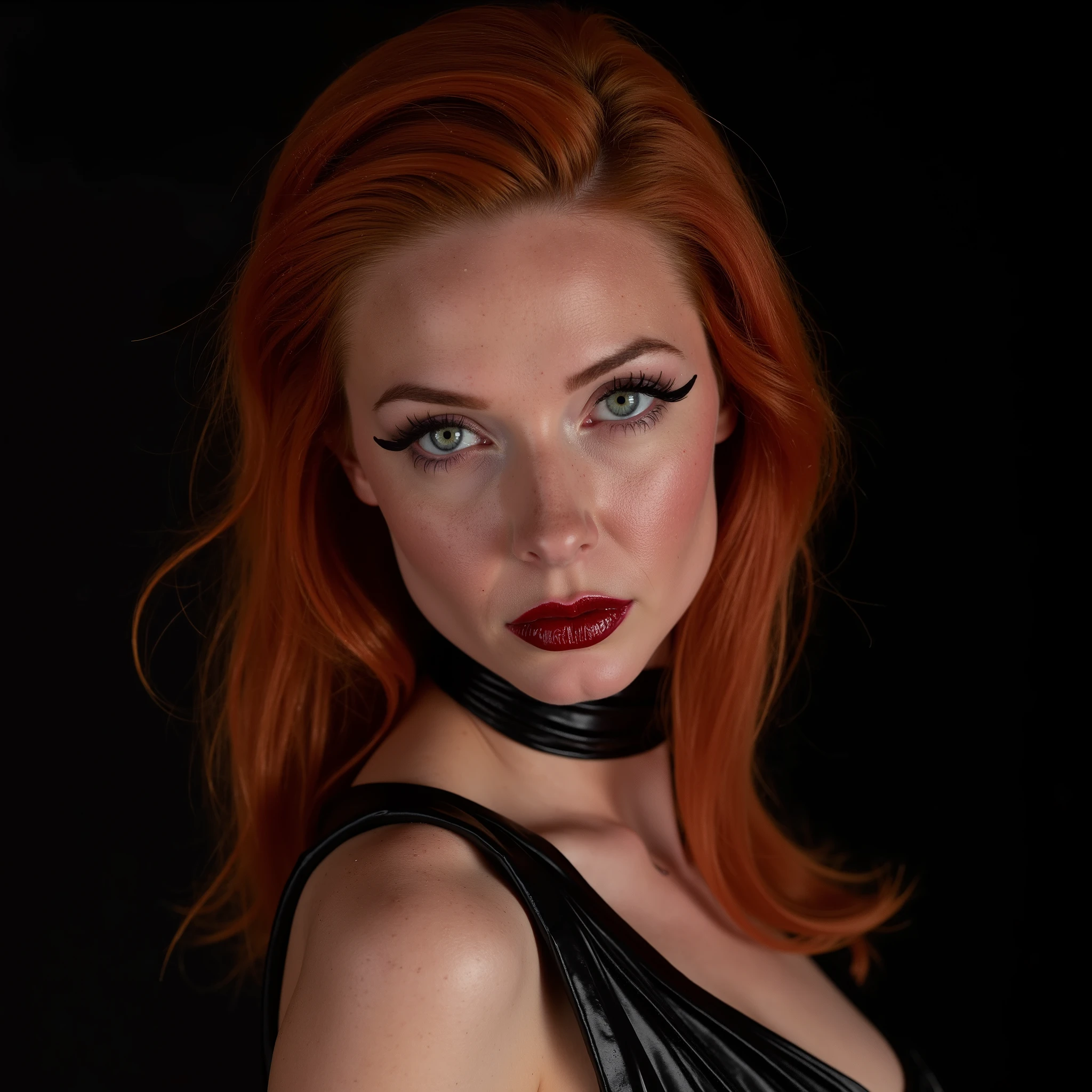 Beautiful skinny girl, red lip gloss, eyeliner flicks, red lip gloss, sexy, red hair, latex halloween outfit, high heels, latex choker, latex pleated mini skirt, shiny lips, lip oil, realistic head and shoulders photo