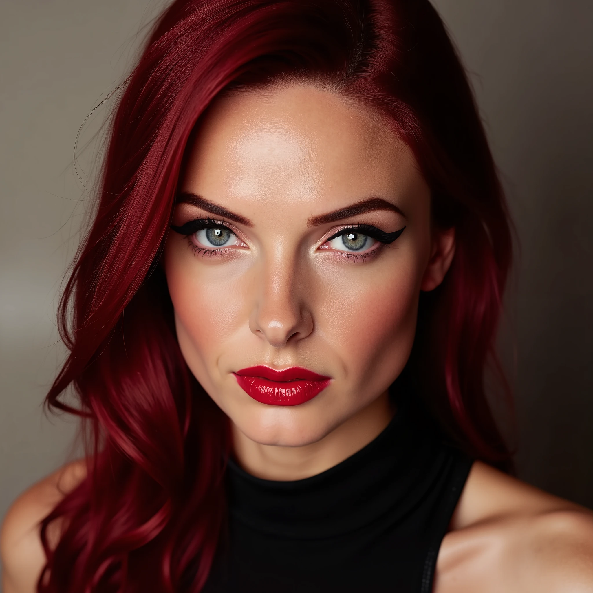 A beautiful, sexy girl with dark red hair, close-up portrait of her pretty face, captivating red lip gloss, dramatic eyeliner flicks, wearing a sexy latex neck-entry catsuit, (best quality, 4k, 8k, highres, masterpiece:1.2), ultra-detailed, (realistic, photorealistic, photo-realistic:1.37), HDR, UHD, studio lighting, ultra-fine painting, sharp focus, physically-based rendering, extreme detail description, professional, vivid colors, bokeh, portrait, 