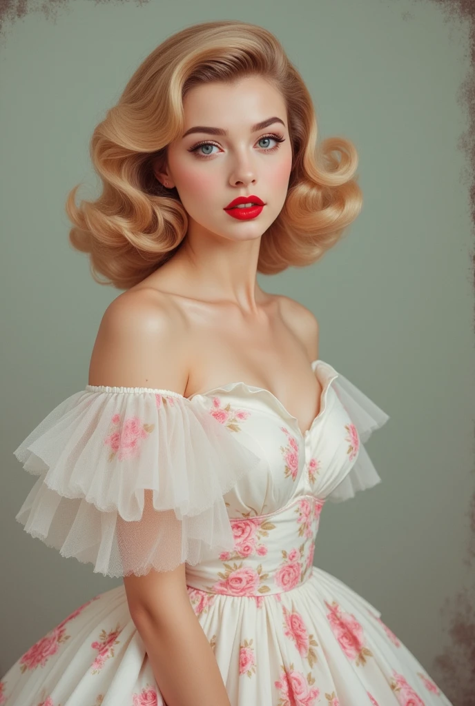 The image is a glamorous portrait of a woman styled in classic 1950s fashion. She is wearing an off-the-shoulder white dress adorned with delicate pink floral patterns. The dress features pleated ruffles and sheer, flowing sleeves. Her voluminous, wavy blonde hair is styled in a vintage curl, framing her face elegantly. Her makeup includes bold red lipstick, subtle eyeliner, and a beauty mark near her eye, exuding a timeless Hollywood allure. Her expression is poised and confident as she gazes slightly to the side. The soft, muted background enhances the subject, focusing attention on the intricate details of her outfit and facial features.