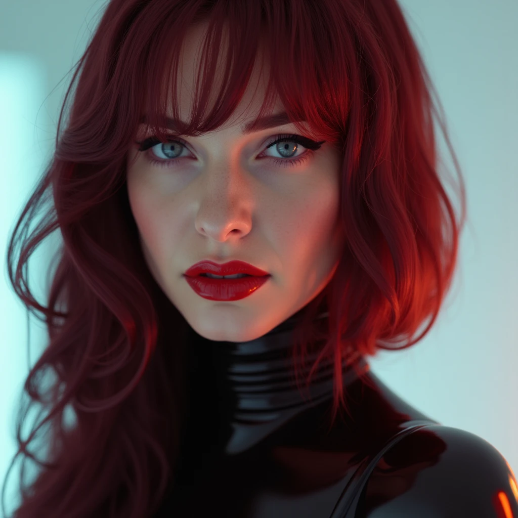 A beautiful, sexy girl with dark red hair, close-up portrait of her pretty face, captivating red lip gloss, dramatic eyeliner flicks, wearing a sexy latex neck-entry catsuit, (best quality, 4k, 8k, highres, masterpiece:1.2), ultra-detailed, (realistic, photorealistic, photo-realistic:1.37), HDR, UHD, studio lighting, ultra-fine painting, sharp focus, physically-based rendering, extreme detail description, professional, vivid colors, bokeh, portrait, realism, realistic