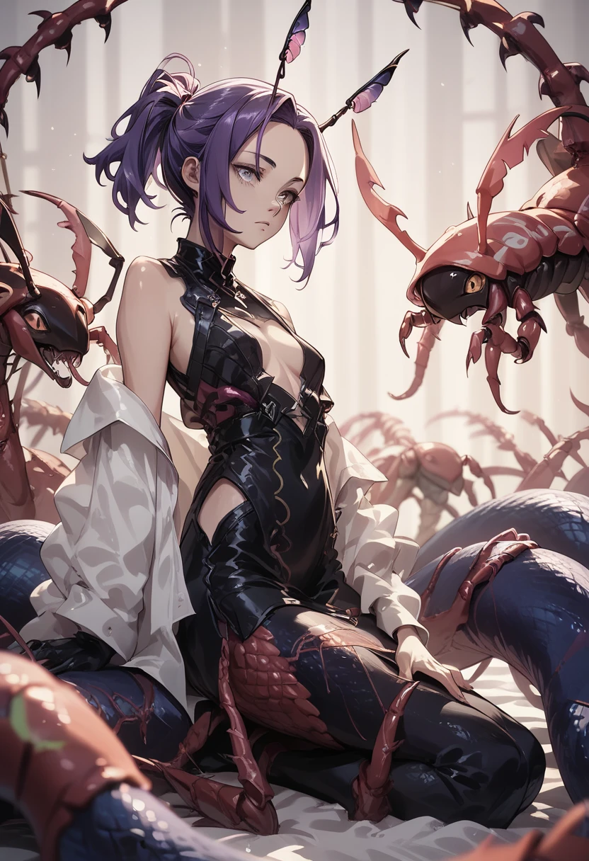 Centipede girl. Lamia style. image color black. Black body and blue leg Centipede. Antennae. Short ponytail. Purple hair. Forehead.
