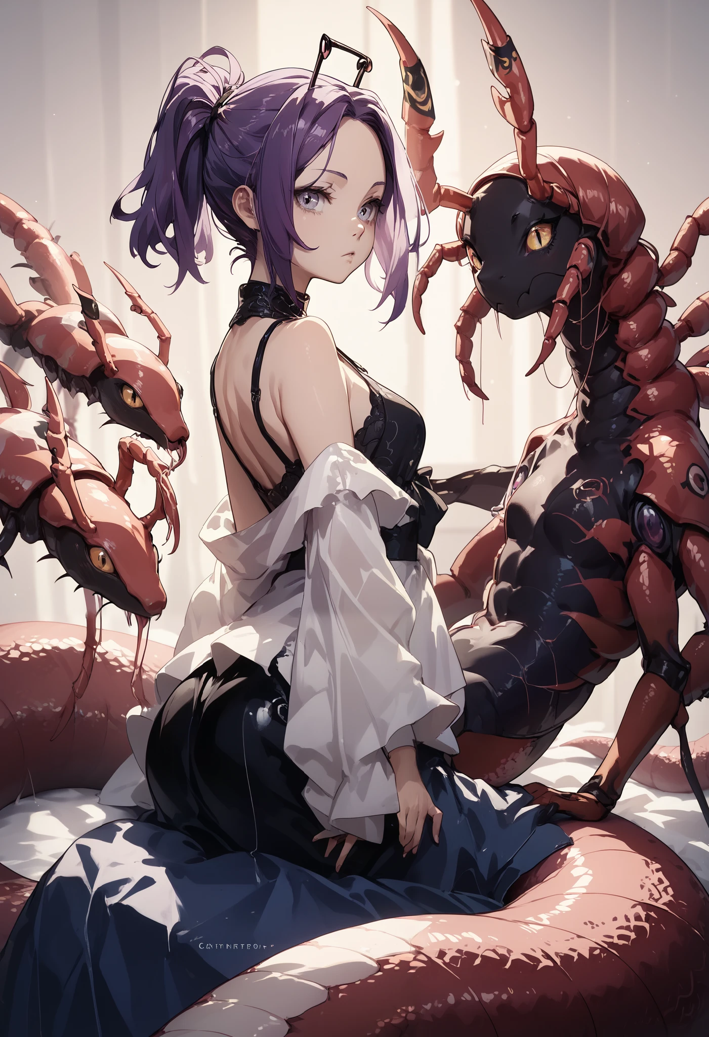 Centipede girl. Lamia style. image color black. Black body and blue leg Centipede. Antennae. Short ponytail. Purple hair. Forehead.