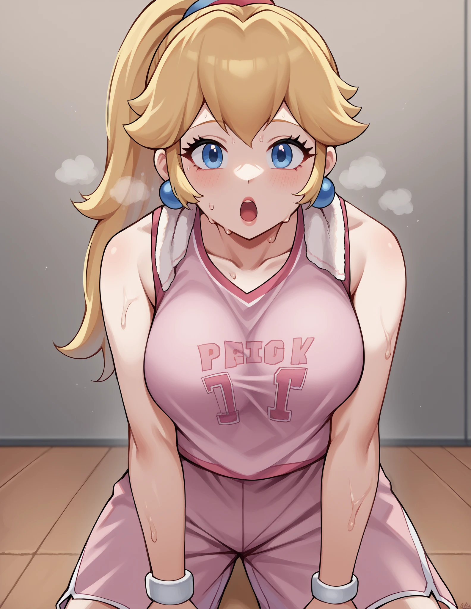 score_9, score_8_up, score_7_up, BREAK, 1girl, solo, princess peach, 1girl, solo, , blonde hair, ponytail, jewelry, bracelet, makeup, casual, cowboy shot, blue eyes, looking at the viewer, large breasts, hands on knees, pink tanktop, sweaty, pink shorts, sweating profusely, open mouth, exhausted, heavy breathing, puddle of sweat on the ground, steam coming out her mouth, gym, indoors, she wears pink shoes,medium breasts,, basketball uniform, basketball jersery, sportswear, jersey, shorts, sleeveless,, audience, gym, sweat, open mouth, steam, wiping sweat, towel, holding, sweat, holding towel, looking at viewer, open mouth,, cowboy shot,