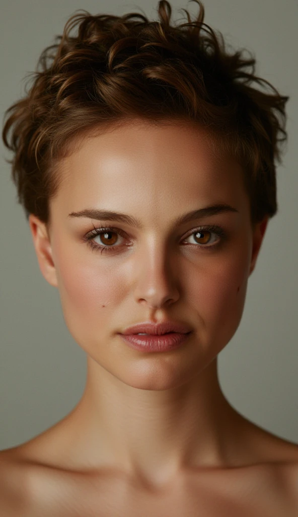 A portrait of a young woman with extremely short, curly, messy hair, styled in a spiky, textured cut. The curls should be wild and spiky, standing straight up to create a disheveled, carefree, and untamed look. The sides should be closely cropped, revealing the ears, with no long strands. The hair should be a dark blonde shade with warm golden or caramel highlights, giving it a natural sun-kissed effect. The face should resemble Natalie Portman’s face in *My Blueberry Nights* (2007), with a slender, elongated, and more defined oval shape, fair skin, smooth complexion, and a sharp, slightly angular jawline. The face should be more elongated, with a more defined chin. The nose should have a sharp, sculpted bridge, and the tip of the nose should be pointed and defined, with a narrow, angular shape to create a sleek and sharp appearance. The eyes should be deep brown, almond-shaped, with smoky eye makeup that is soft and matte, framed by well-groomed, arched eyebrows. The makeup should be minimal, with subtle mascara and nude-pink lips. The expression should be calm and introspective, with a small, delicate nose. The image should have sharp focus, soft focus, and depth of field, with natural beauty, and should be in 8k resolution, HDR, with professional lighting, taken with a Canon EOS R5, 75mm lens.