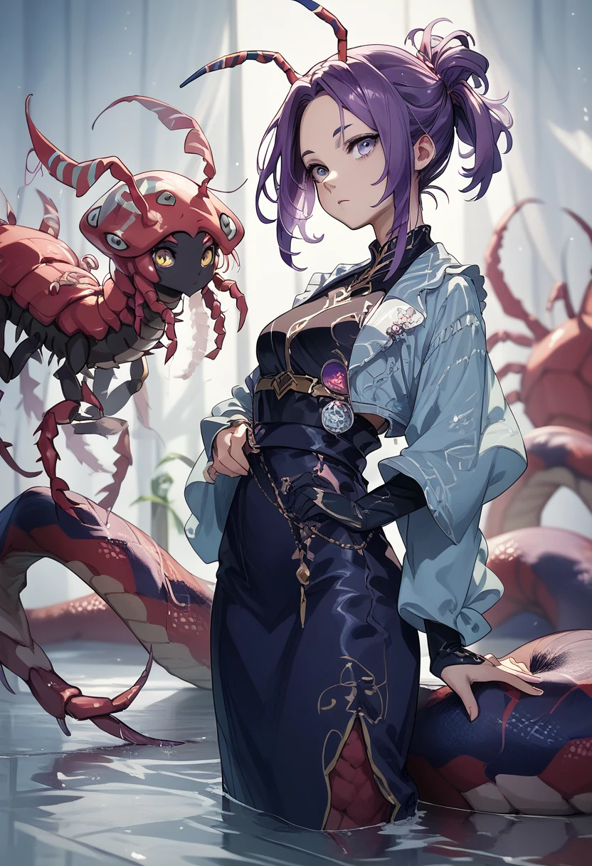 Centipede girl. Lamia style. image color black. Black body and blue leg Centipede. Antennae. Short ponytail. Purple hair. Forehead.