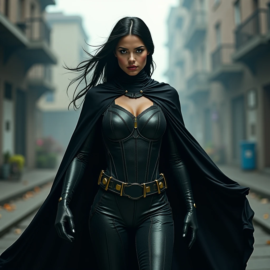 (((A beautiful woman under the cloak of Big Barda (((She has long hair tied back in a ponytail.))),(((with a diaema in golden circles joined together on his forehead))) His eyes are light blue. su traje de superheroína es de temática de samurai. His suit usually has a (((Black leather jumpsuit with scales))) and (((a black corset with a tray neck))) Wonder Woman metallic armor type))) color negro sobre su traje enterizo cinturón ancho and grueso color dorado botas and guantes color negro (((de rodillas en una ciudad Apocalandptica con mucha destrucción))),(((with a necklace with a black round pendant that has a (((s))) as an emblem on his neck))),(((yelling )))