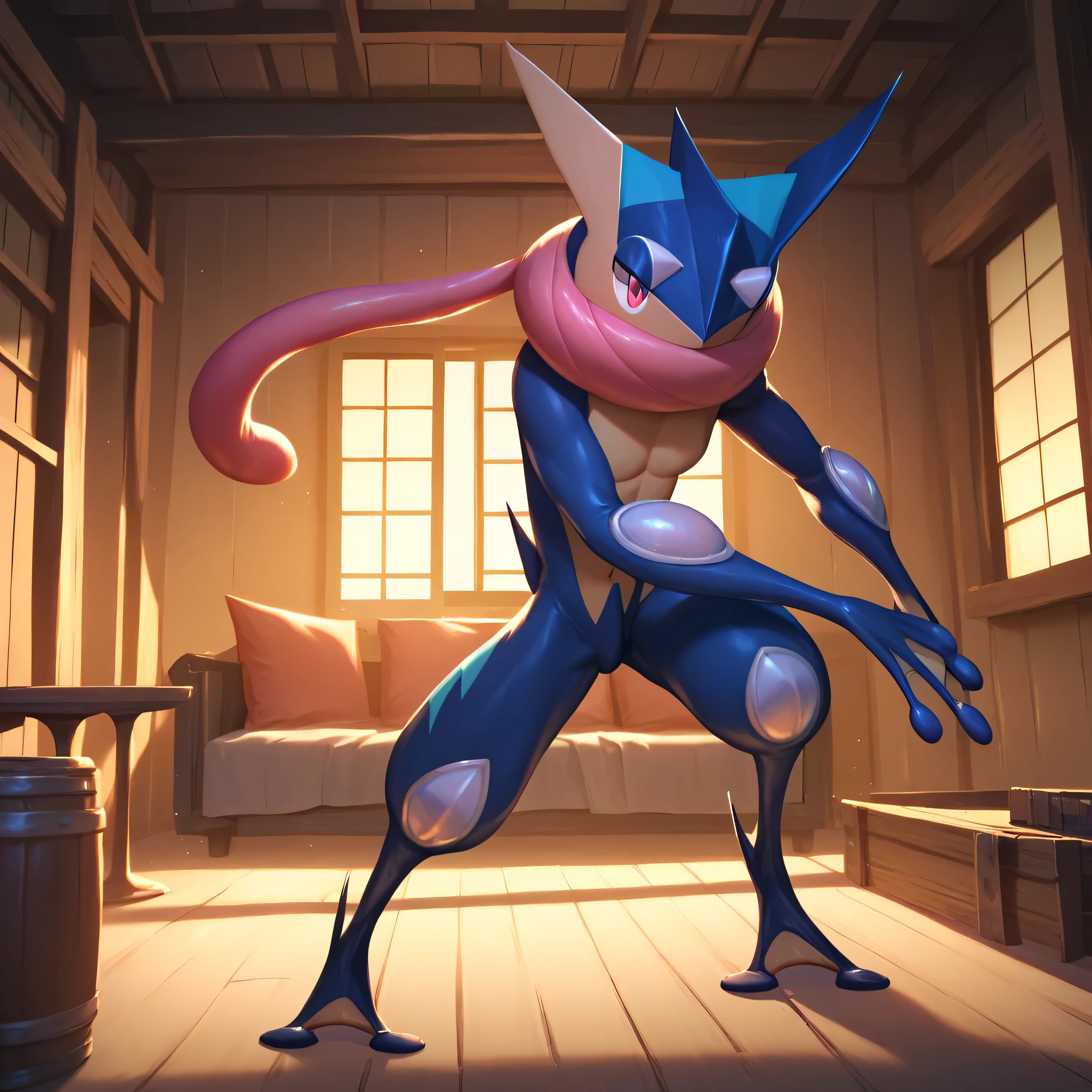 masterpiece:1.2, best quality, (highly detailed), score_9, score_8_up, score_7_up, full body shot, greninja_default, dark skin, no visible clothes, naked, in front of house, 1girl,