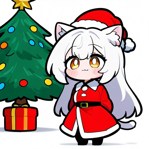  1 girl fights,  chibi version ,  new year costume ,  christmas hat ,  white long slightly fluttering hair ,  full length , simple white background,  with a decorated Christmas tree with a slightly sowing star and a garland,  under the Christmas tree paou gifts , face in the form of  :3,  white cat ears ,  small details персонаж стоит на дальней дистанции
Персонаж маленький ростом, без надписей