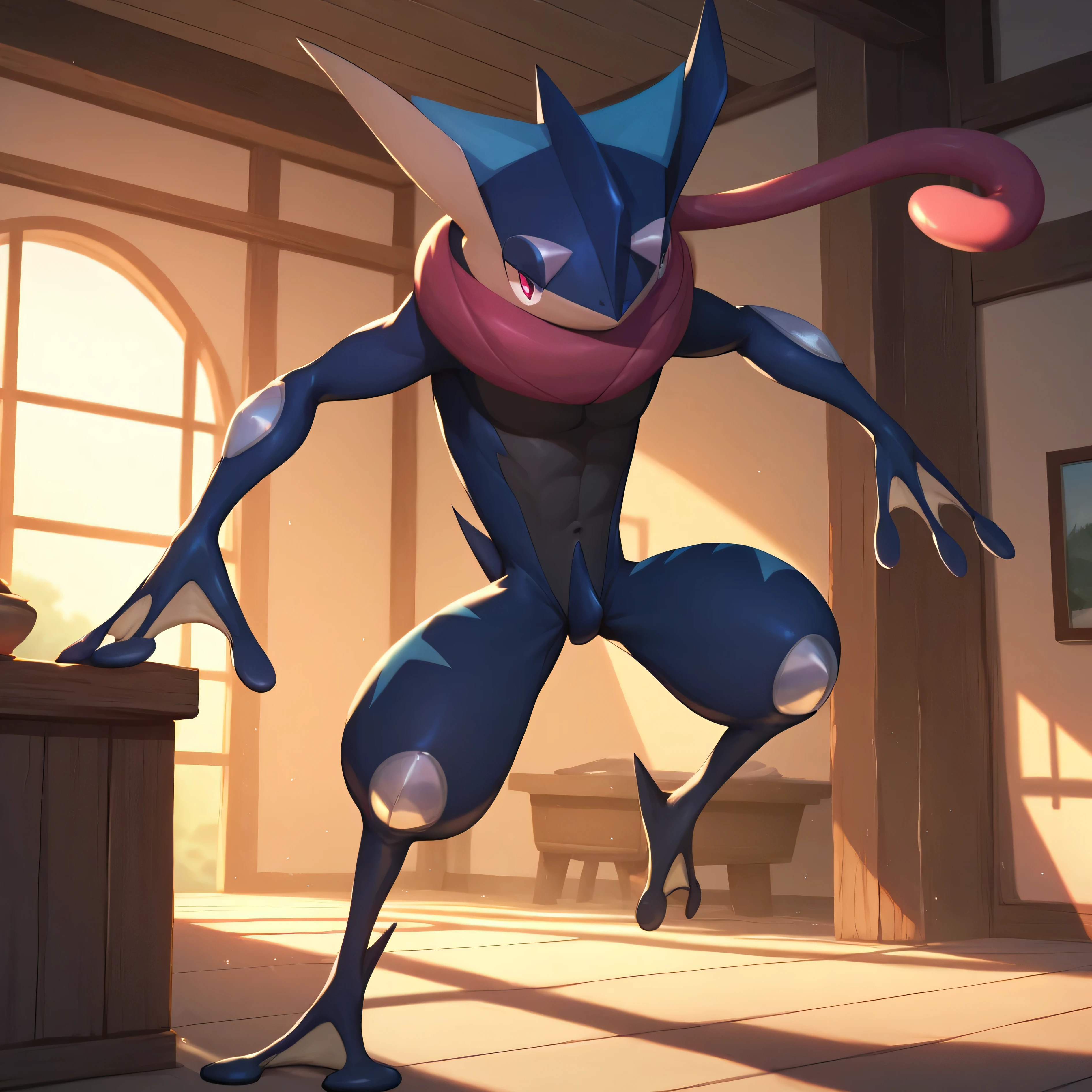 masterpiece:1.2, best quality, (highly detailed), score_9, score_8_up, score_7_up, full body shot, greninja_default, (black skin), no visible clothes, naked, in front of house, 1boy,