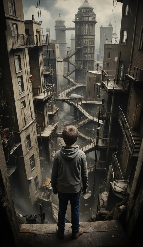 a young boy steps outside up to find his city has transformed into a hive of stairs, pipes and walkways leading in impossible angles in all directions, rising up in a dark webwork connecting many towering buildings, thousands of doorways and hallways, a massive vertical and horizontal maze, evoking imagery in the style of M.C.Escher and Terry GIlliam, photorealistic, best quality, atmospheric, a masterpiece, epic, stunning, dramatic 3D Game Cinematic Feel, Epic 3D Videogame Graphics, Intricately Detailed, 8K Resolution, Dynamic Lighting, Unreal Engine 5, CryEngine, Trending on ArtStation, HDR, 3D Masterpiece, Unity Render, Perfect Composition