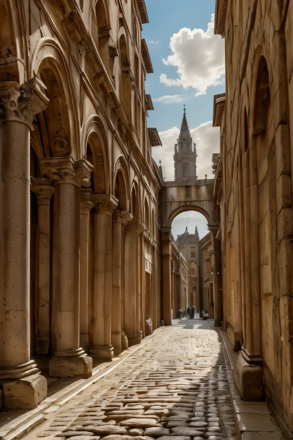 A detailed, photorealistic depiction of the ancient Roman city of Londinium, with weathered and aged architectural elements that evoke the grandeur of the Roman Empire. The scene should feature intricate stonework, cobblestone streets, towering columns, and a sense of historical decay and timelessness.

(best quality,4k,8k,highres,masterpiece:1.2),ultra-detailed,(realistic,photorealistic,photo-realistic:1.37),ancient Roman city,Londinium,Roman Empire,aged architecture,weathered stone,cobblestone streets,towering columns,historical decay,timeless,intricate stonework,cinematic lighting,warm color tones,dramatic shadows